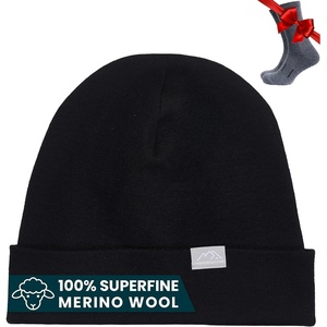100% Merino Wool Beanie for Women, Men – Set Adult Skull Cap 17.5um & Socks(Black)