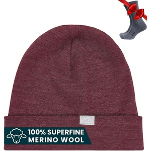 100% Merino Wool Beanie for Women, Men – Set Adult Skull Cap 17.5um & Socks(Burgundy)