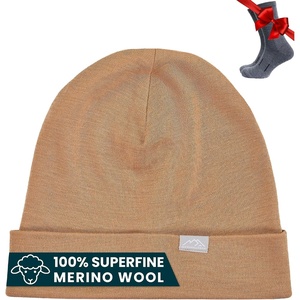 100% Merino Wool Beanie for Women, Men – Set Adult Skull Cap 17.5um & Socks(Camel)