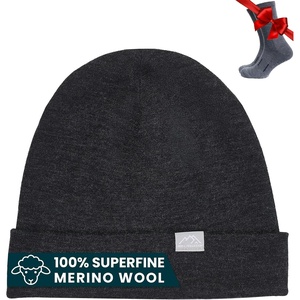 100% Merino Wool Beanie for Women, Men – Set Adult Skull Cap 17.5um & Socks(Charcoal Grey)
