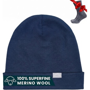 100% Merino Wool Beanie for Women, Men – Set Adult Skull Cap 17.5um & Socks(Deep Navy)
