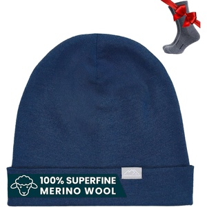 100% Merino Wool Beanie for Women, Men – Set Adult Skull Cap 17.5um & Socks(Denim)