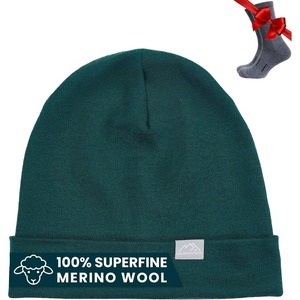 100% Merino Wool Beanie for Women, Men – Set Adult Skull Cap 17.5um & Socks(Forest Green)