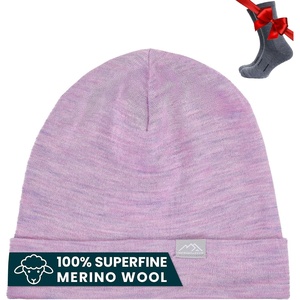 100% Merino Wool Beanie for Women, Men – Set Adult Skull Cap 17.5um & Socks(Heather Lilac)