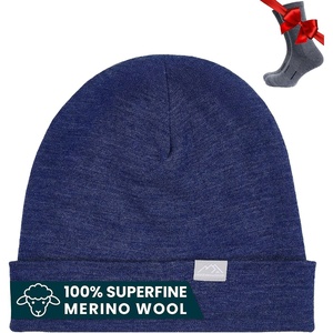 100% Merino Wool Beanie for Women, Men – Set Adult Skull Cap 17.5um & Socks(Windsor Blue)