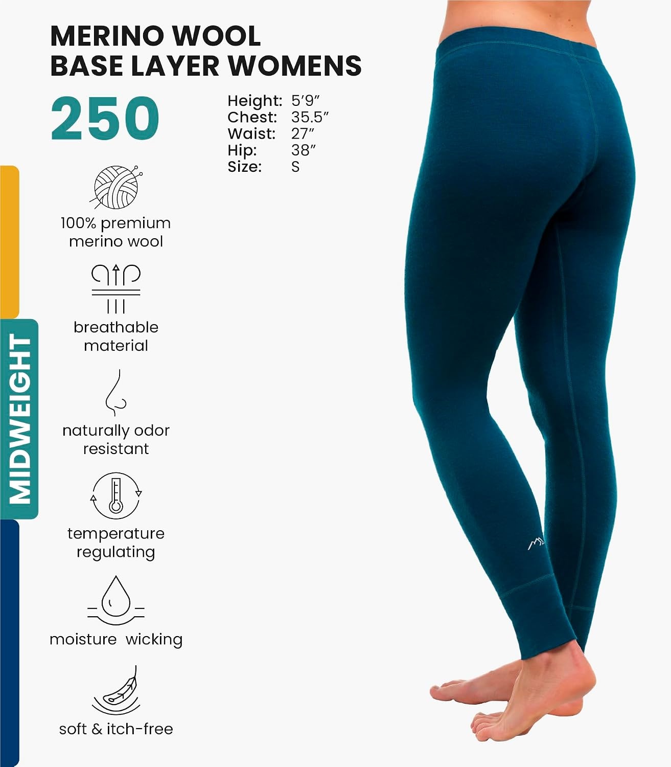 image:imageMerinotech 100 Merino Wool Base Layer Women Thermal Leggings Underwear250 Deep Teal