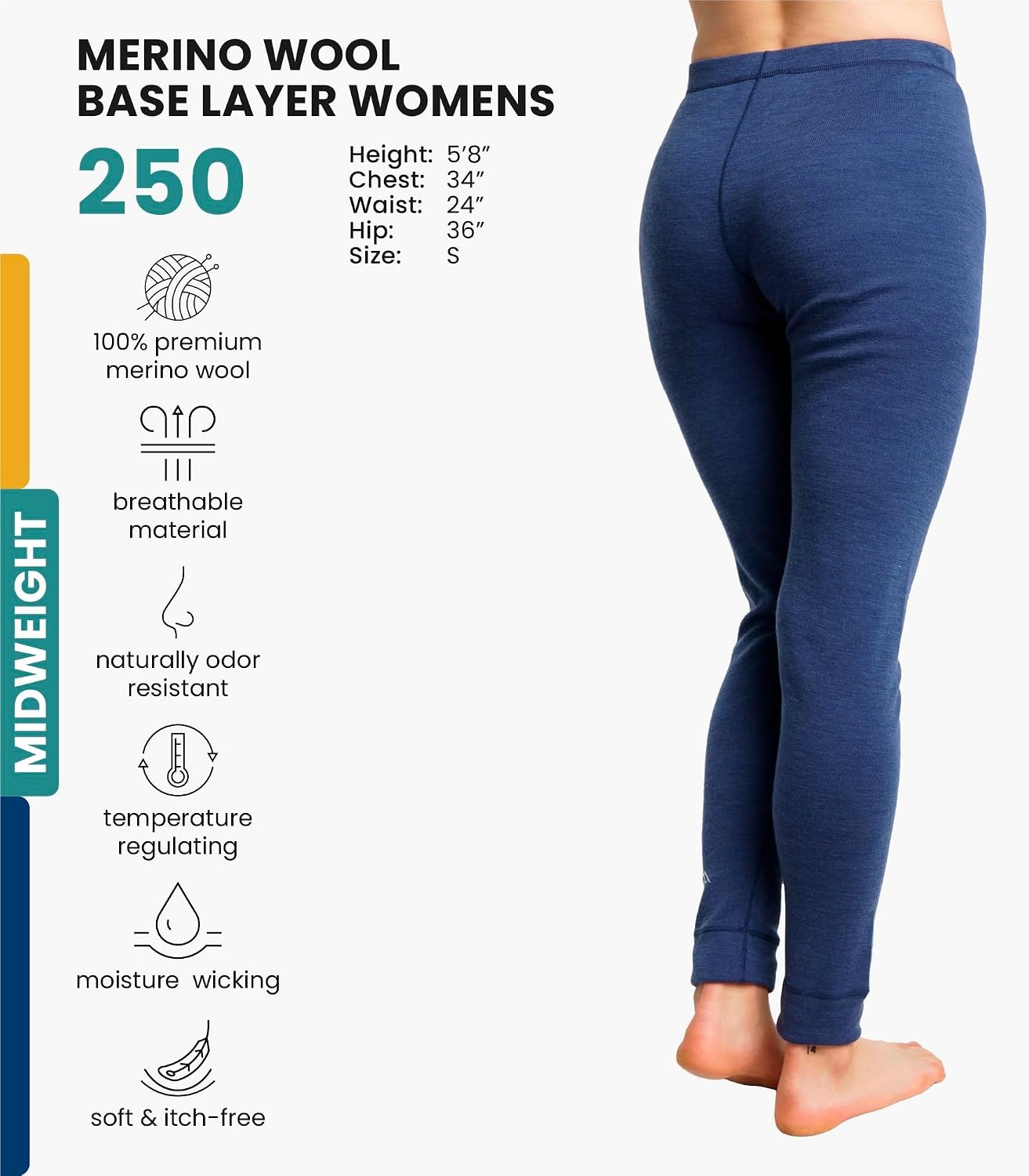 image:imageMerinotech 100 Merino Wool Base Layer Women Thermal Leggings Underwear250 Windsor Blue