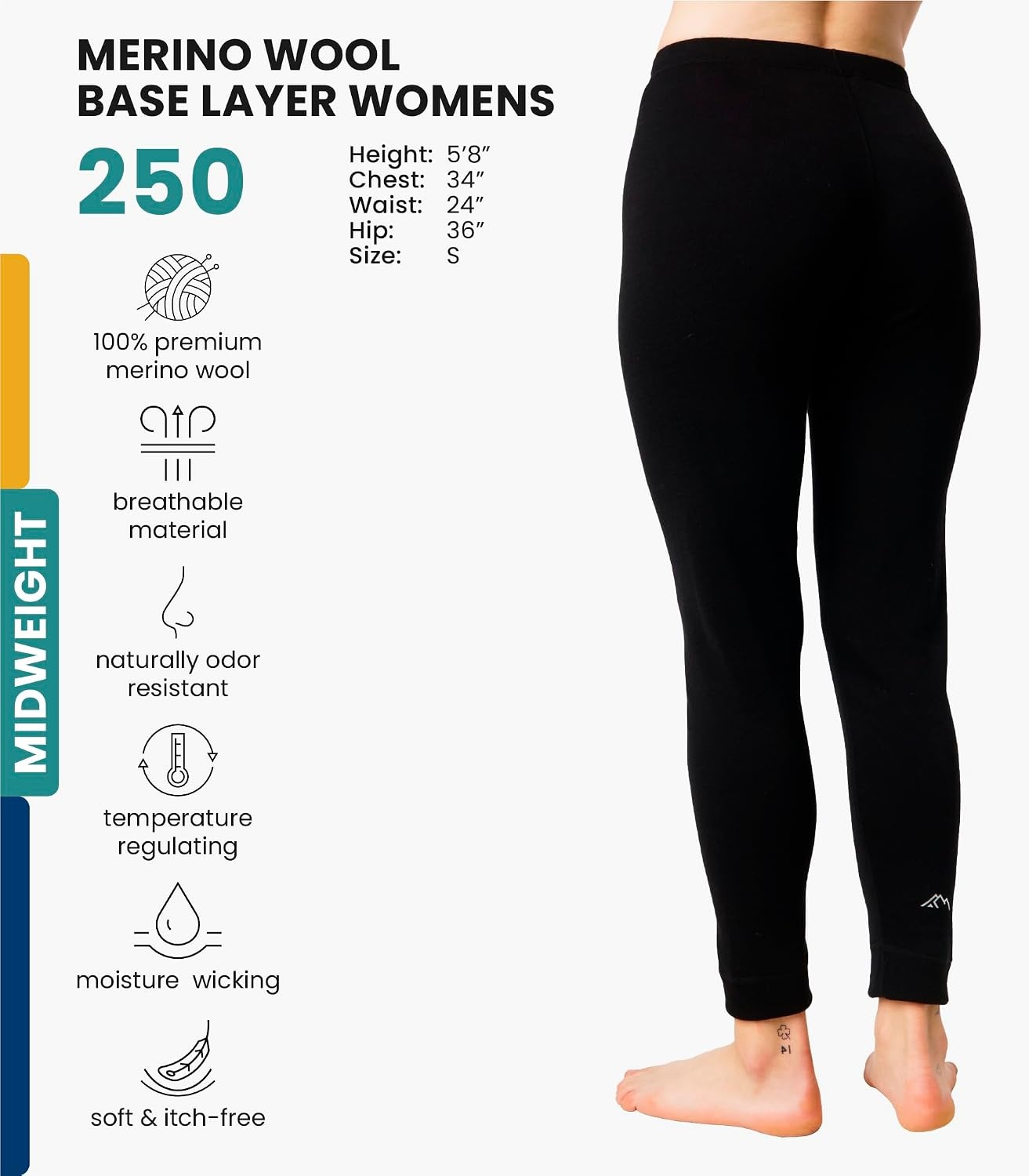 image:imageMerinotech 100 Merino Wool Base Layer Women Thermal Leggings UnderwearBlack 250