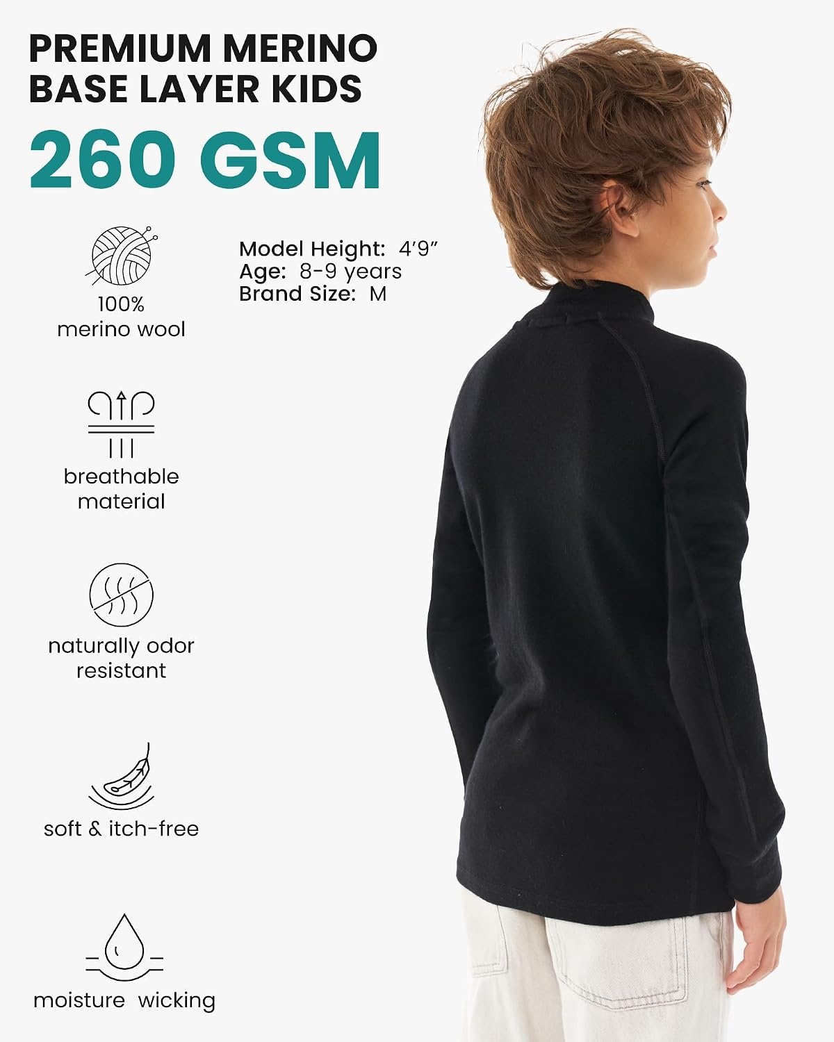 image:imageMerinotech 100 Merino Wool Kids Long Sleeve Turtleneck Thermal Base Layer260 Black