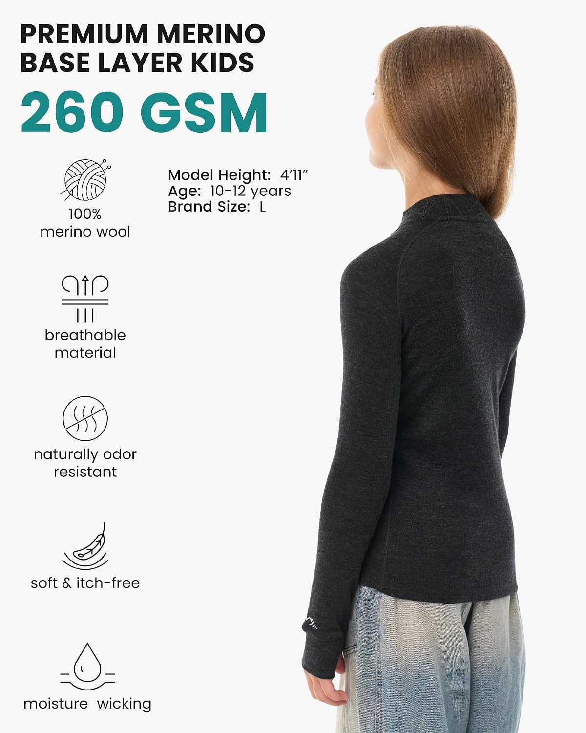image:imageMerinotech 100 Merino Wool Kids Long Sleeve Turtleneck Thermal Base Layer260 Charcoal Grey