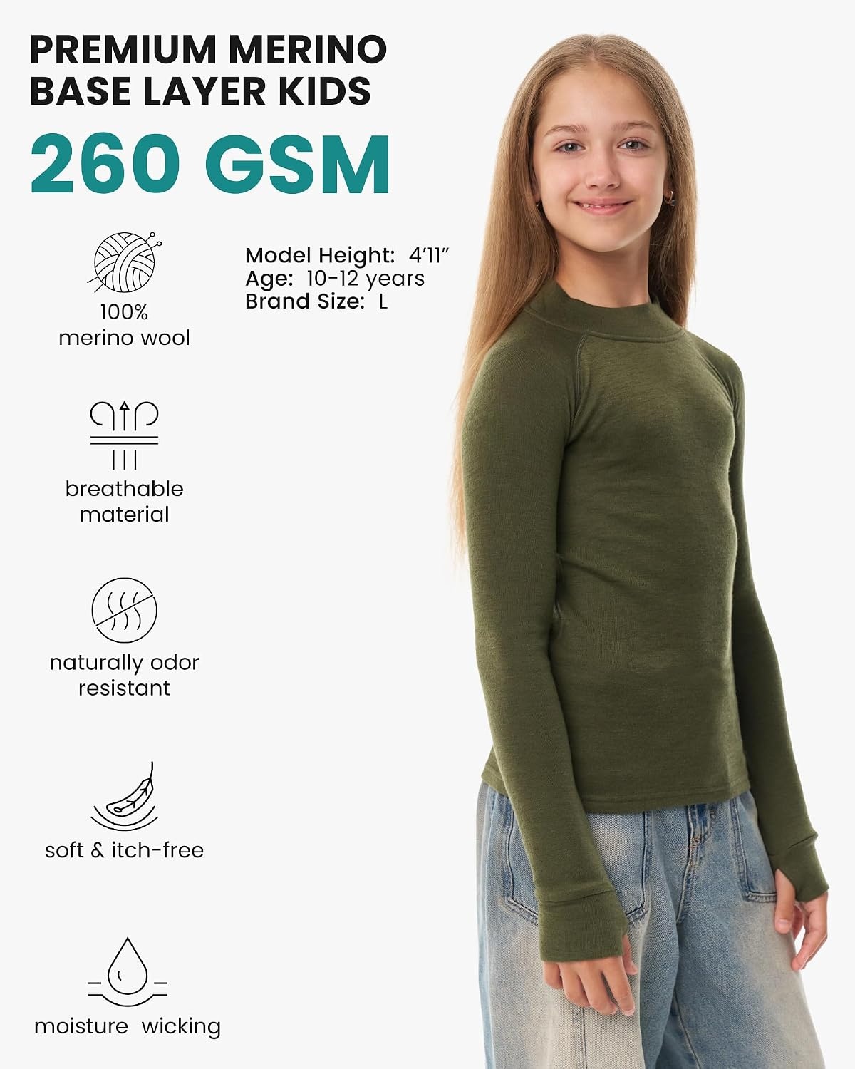 image:imageMerinotech 100 Merino Wool Kids Long Sleeve Turtleneck Thermal Base Layer260 Dark Olive