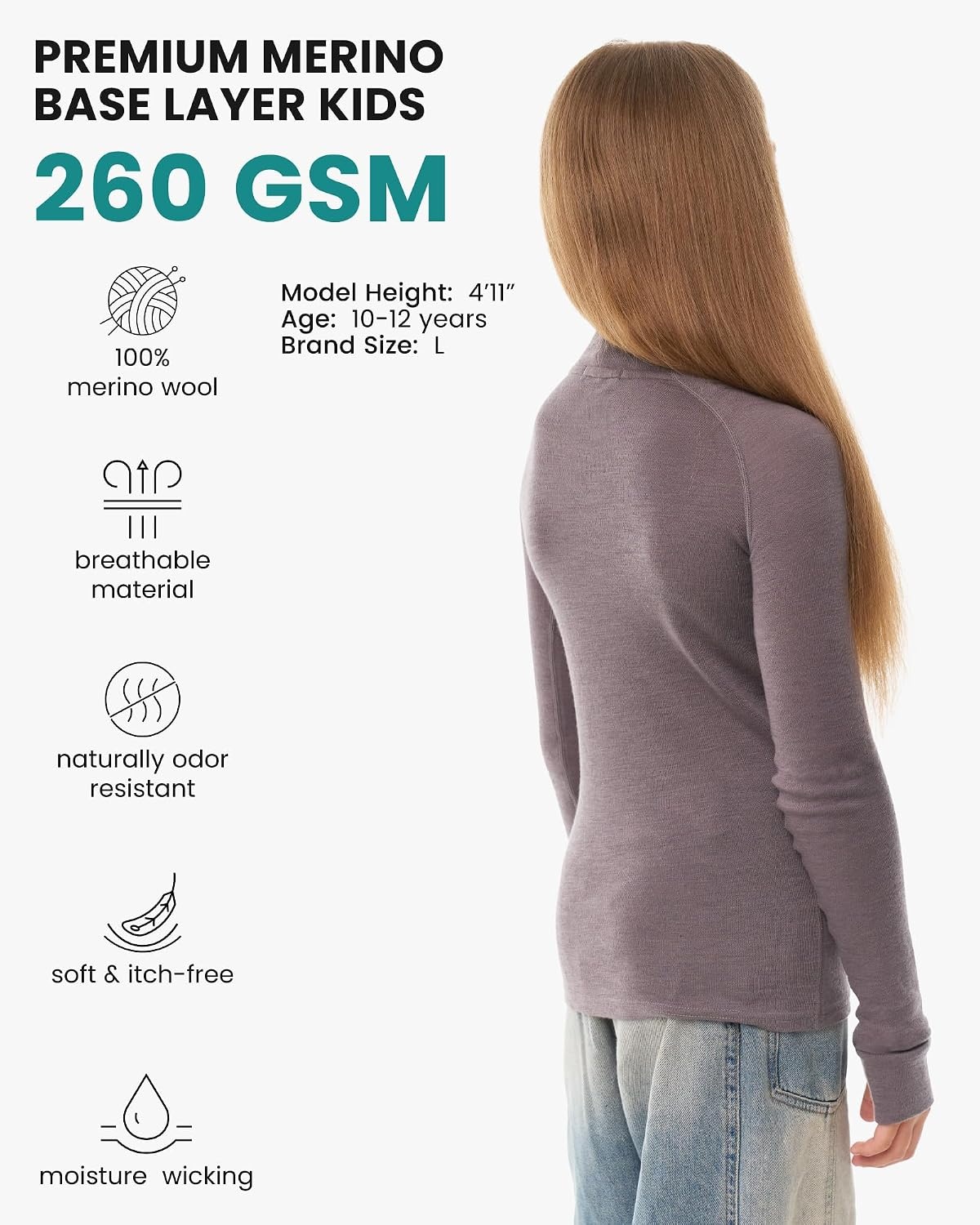 image:imageMerinotech 100 Merino Wool Kids Long Sleeve Turtleneck Thermal Base Layer260 Perfect Grey