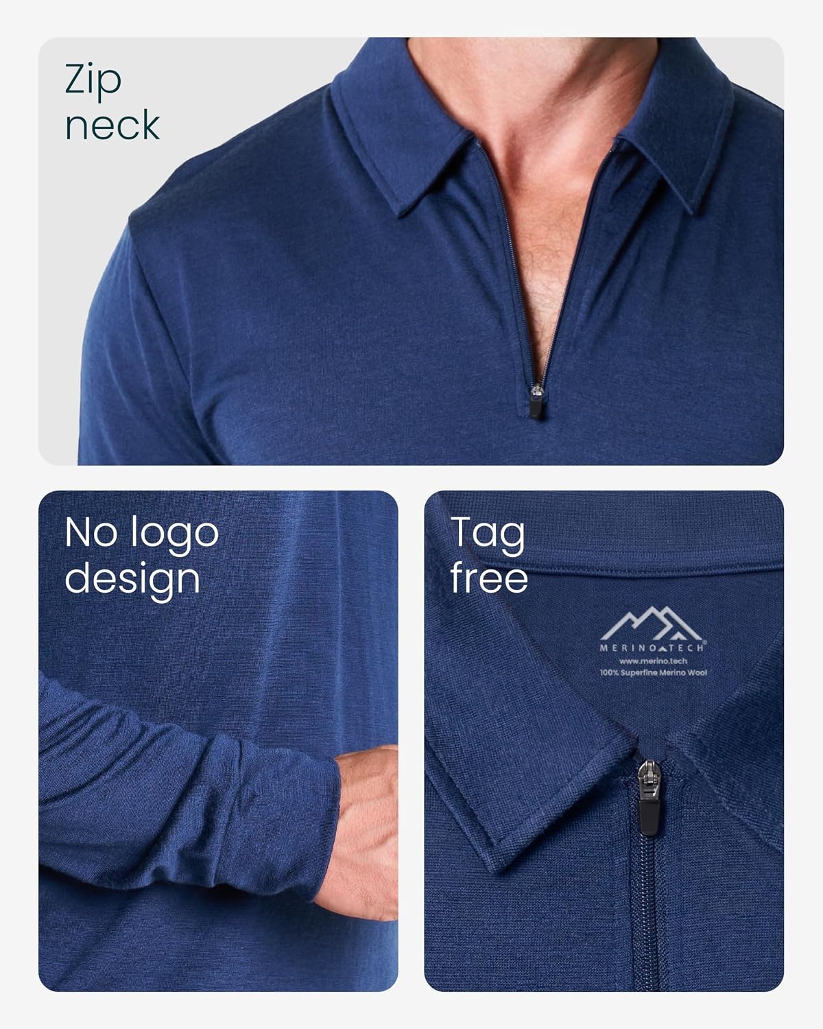 image:imageMerinotech 100 Merino Wool Polo Shirt Men Quarter Zip Long Short SleeveNavy Long