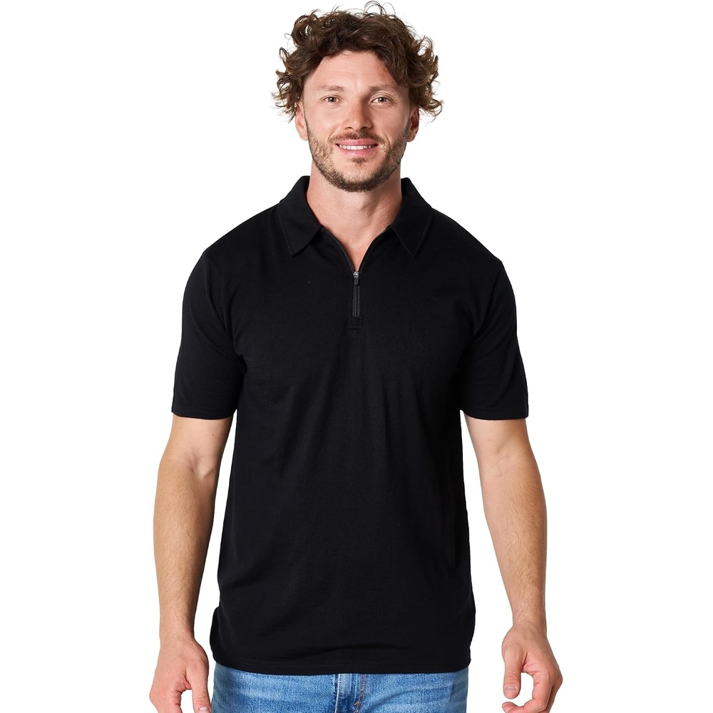 image:imageMerinotech 100 Merino Wool Polo Shirt Men Quarter Zip Long Short SleeveBlack