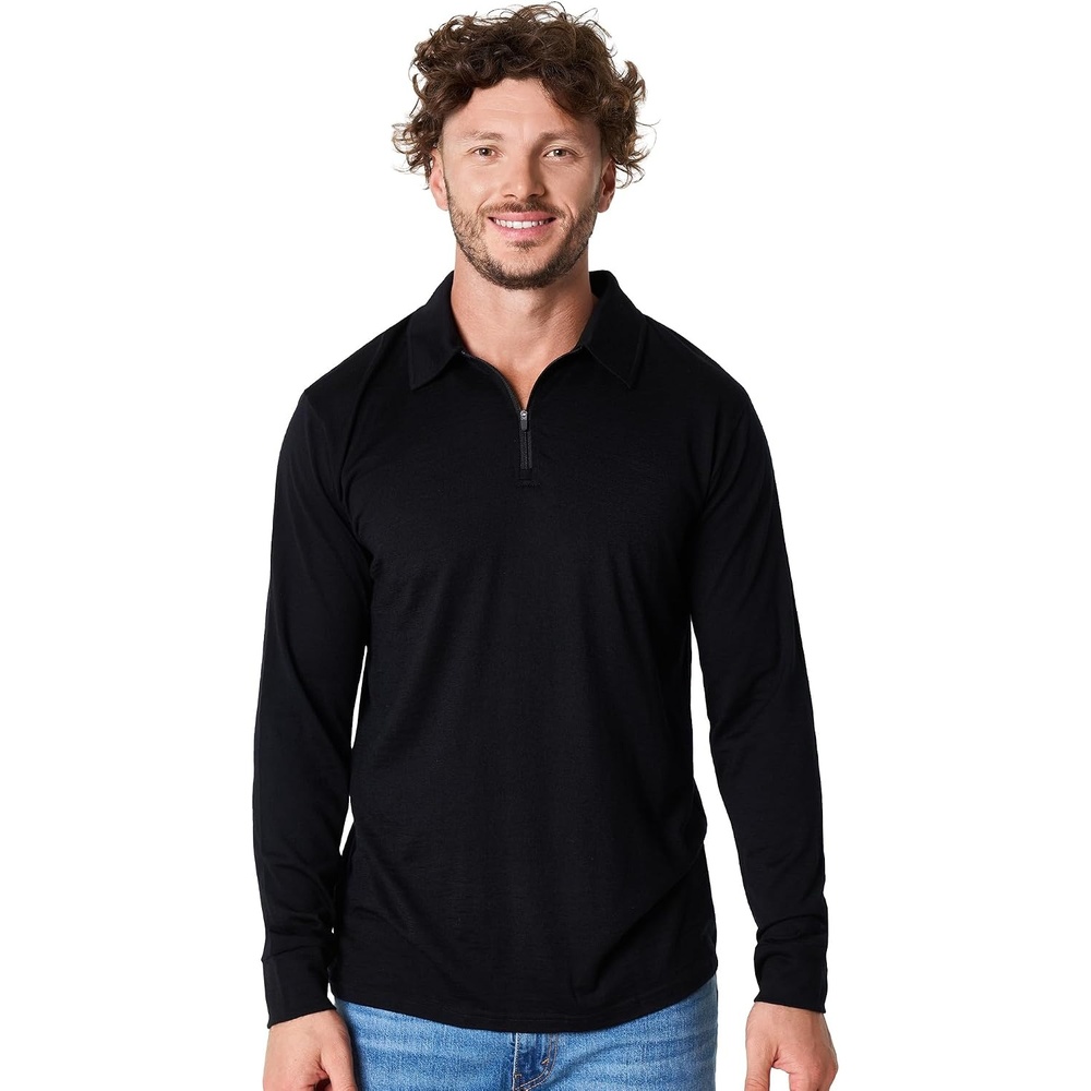 image:imageMerinotech 100 Merino Wool Polo Shirt Men Quarter Zip Long Short SleeveBlack Long