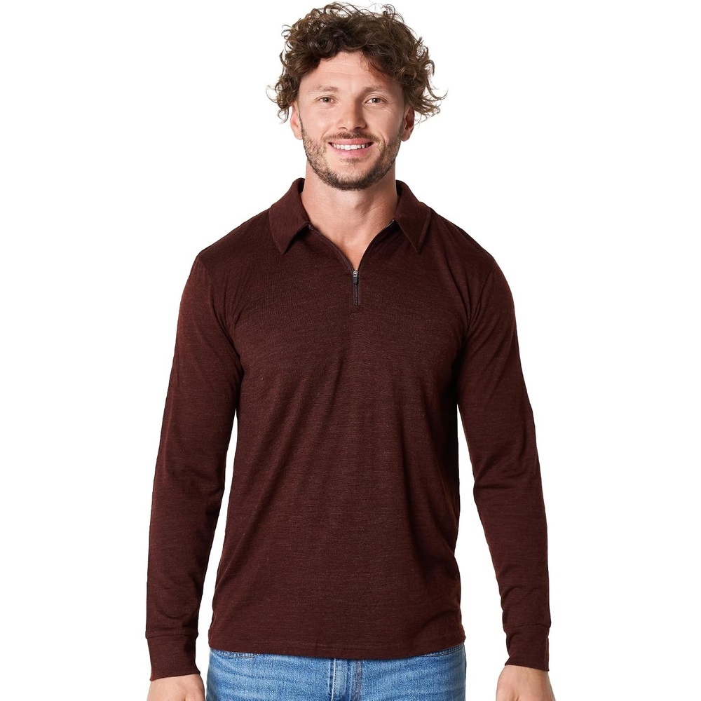 image:imageMerinotech 100 Merino Wool Polo Shirt Men Quarter Zip Long Short SleeveBordo Long