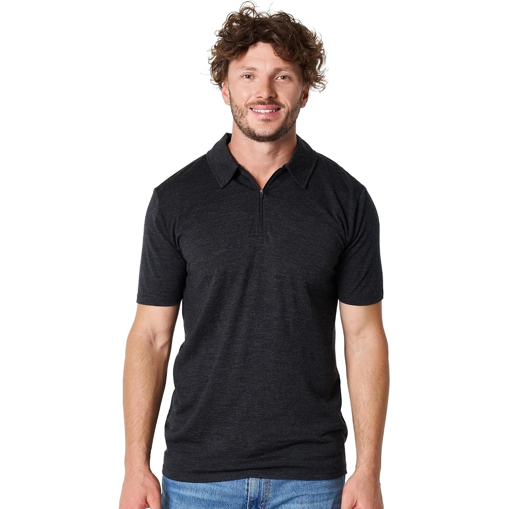 image:imageMerinotech 100 Merino Wool Polo Shirt Men Quarter Zip Long Short SleeveCharcoal Grey