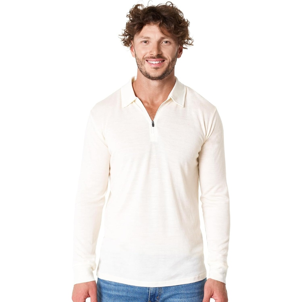 image:imageMerinotech 100 Merino Wool Polo Shirt Men Quarter Zip Long Short SleeveNatural White Long