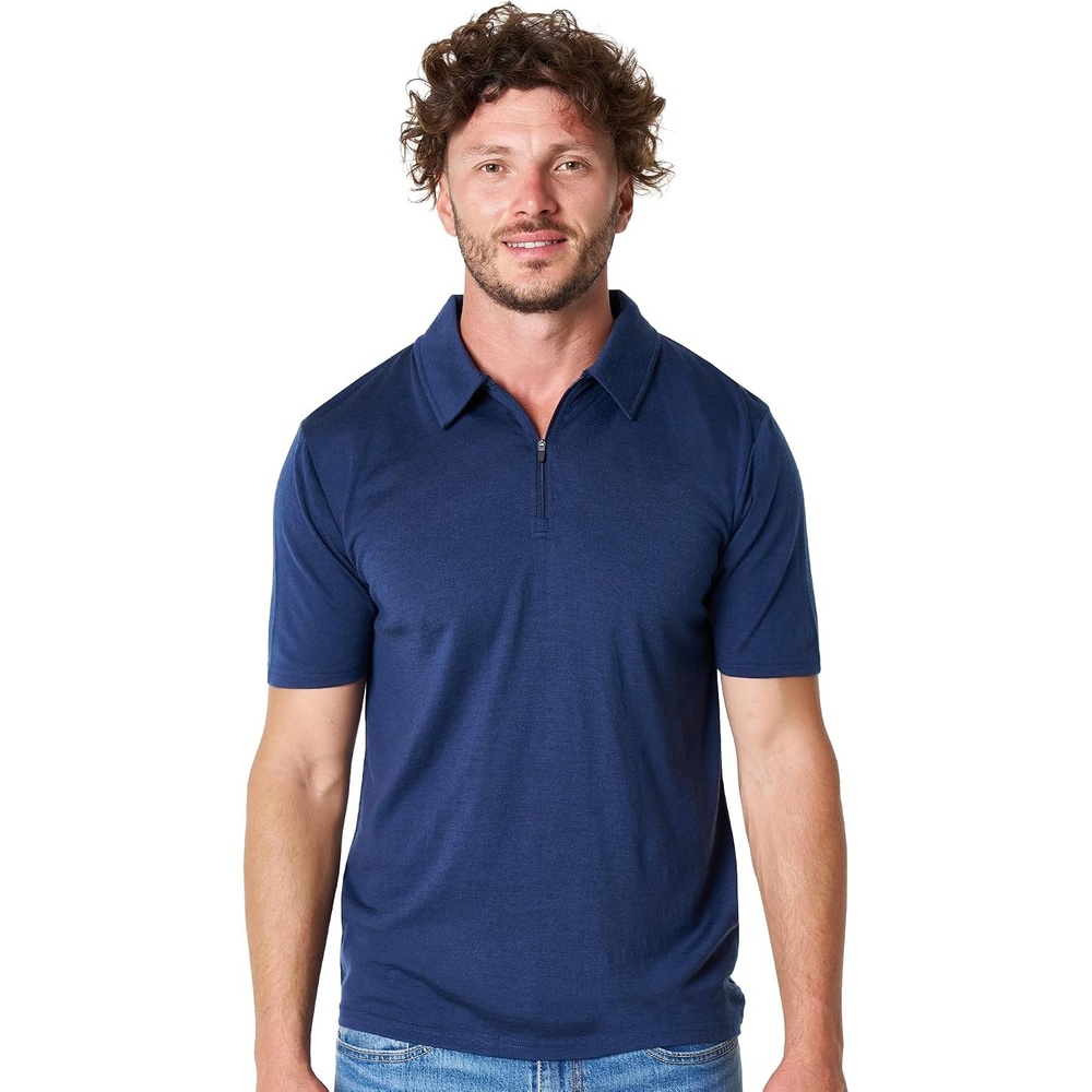 image:imageMerinotech 100 Merino Wool Polo Shirt Men Quarter Zip Long Short SleeveNavy