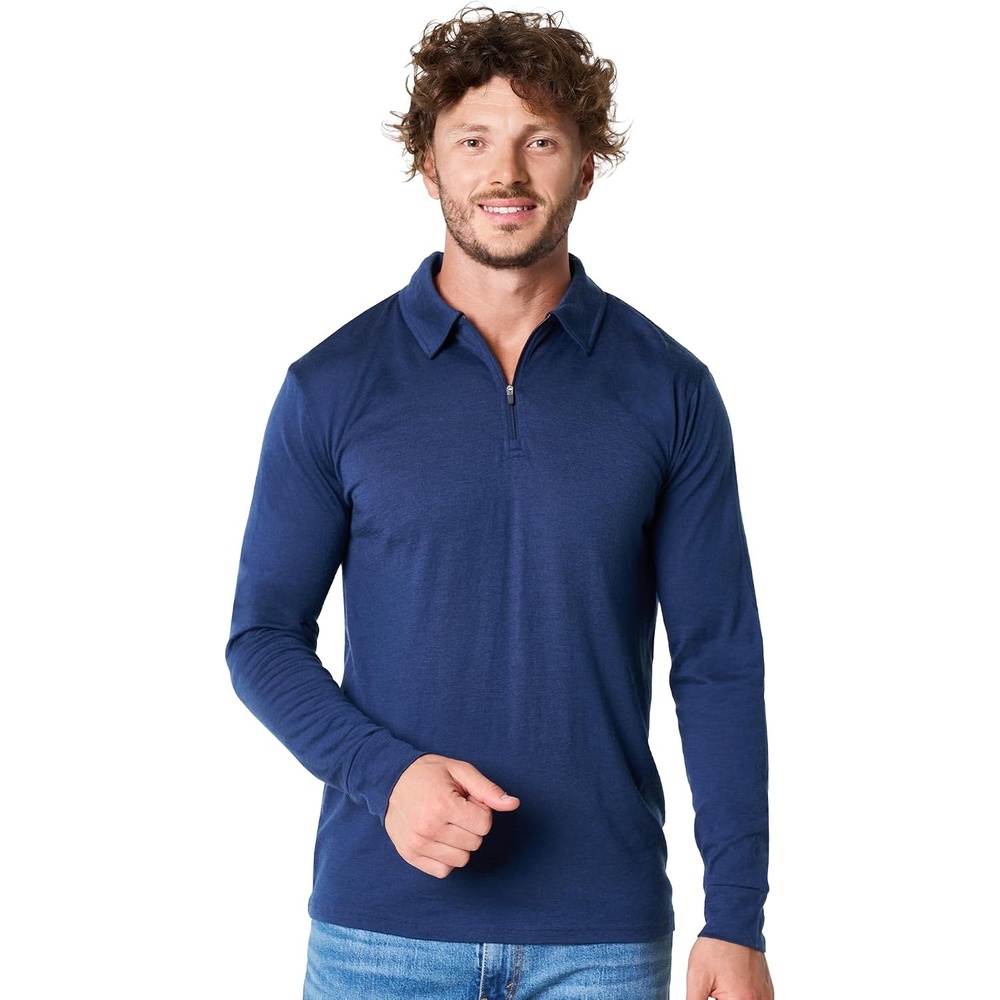 image:imageMerinotech 100 Merino Wool Polo Shirt Men Quarter Zip Long Short SleeveNavy Long